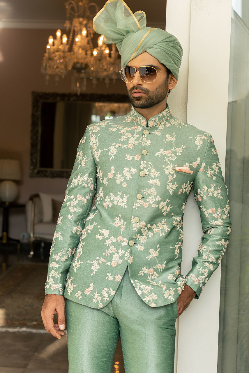 Light Green Resham Zari Raw Silk Prince Coat (2-Piece) - Image 3