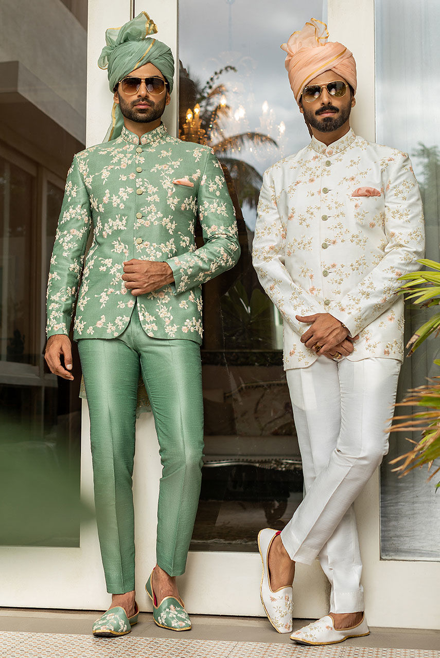 Light Green Resham Zari Raw Silk Prince Coat (2-Piece) - Image 4