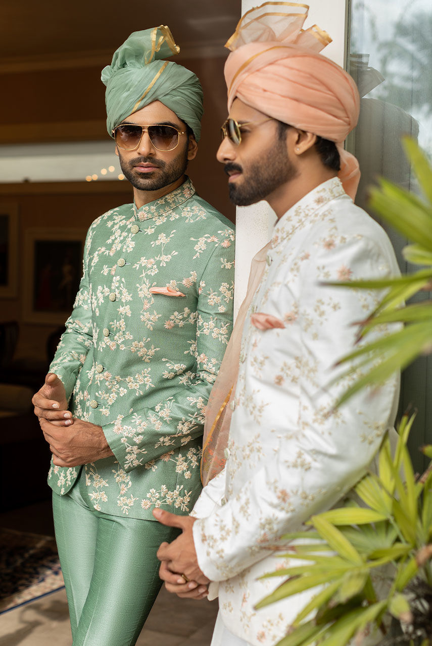 Light Green Resham Zari Raw Silk Prince Coat (2-Piece) - Image 5