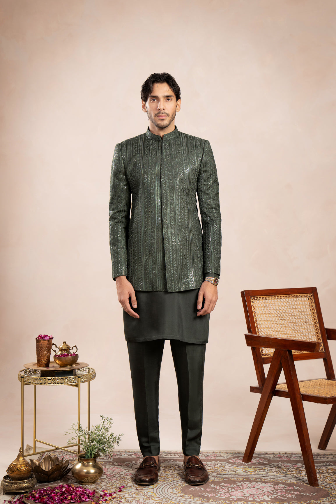 Olive Green Embroidered Raw Silk Prince Coat (1-Pc) - Image 1
