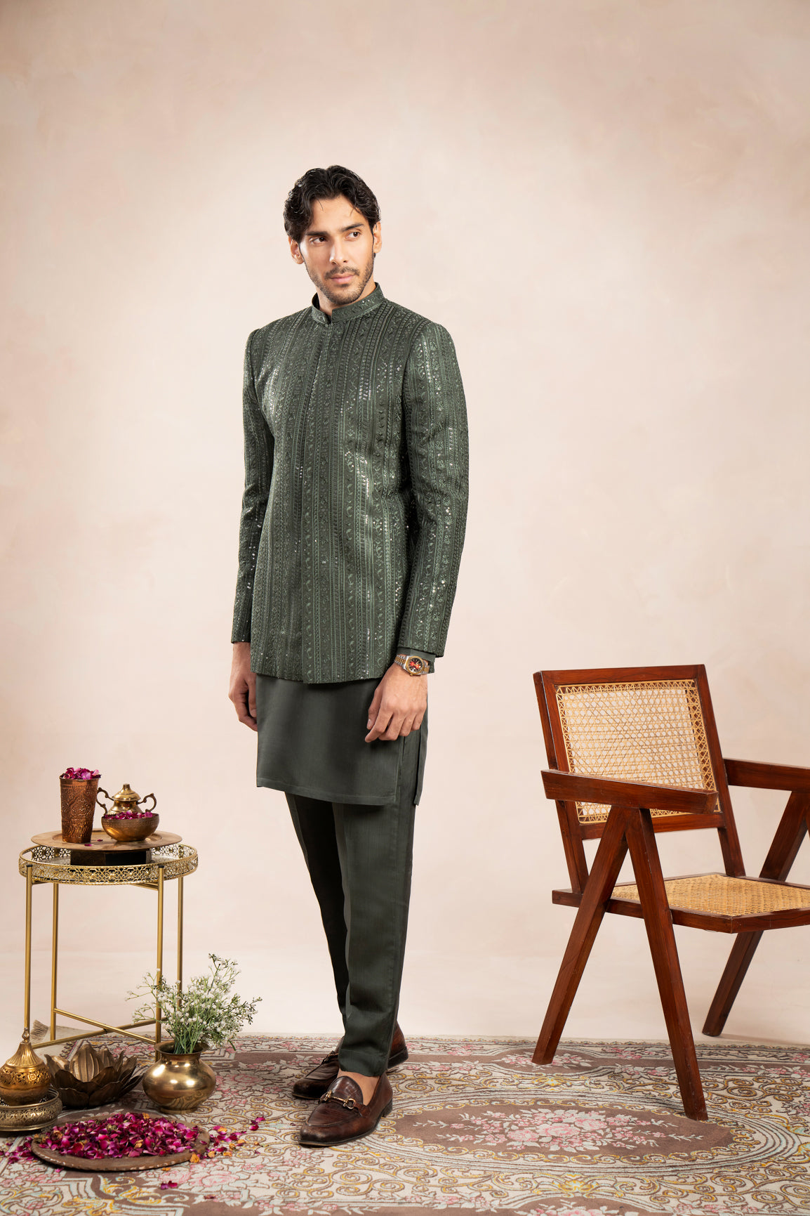 Olive Green Embroidered Raw Silk Prince Coat (1-Pc) - Image 2