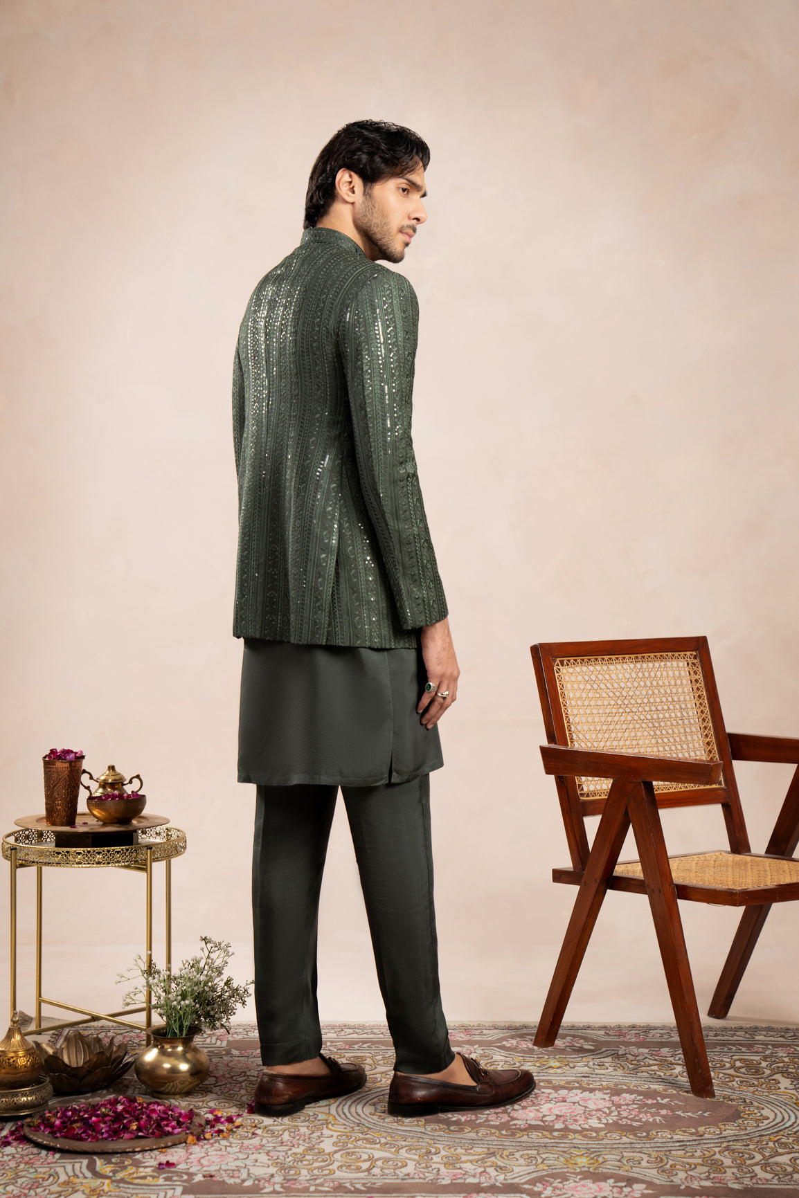 Olive Green Embroidered Raw Silk Prince Coat (1-Pc) - Image 3