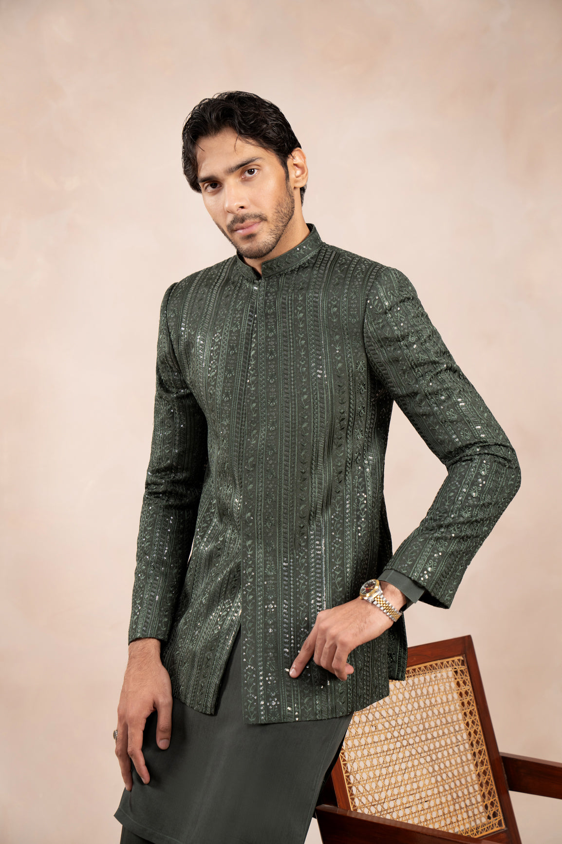 Olive Green Embroidered Raw Silk Prince Coat (1-Pc) - Image 6