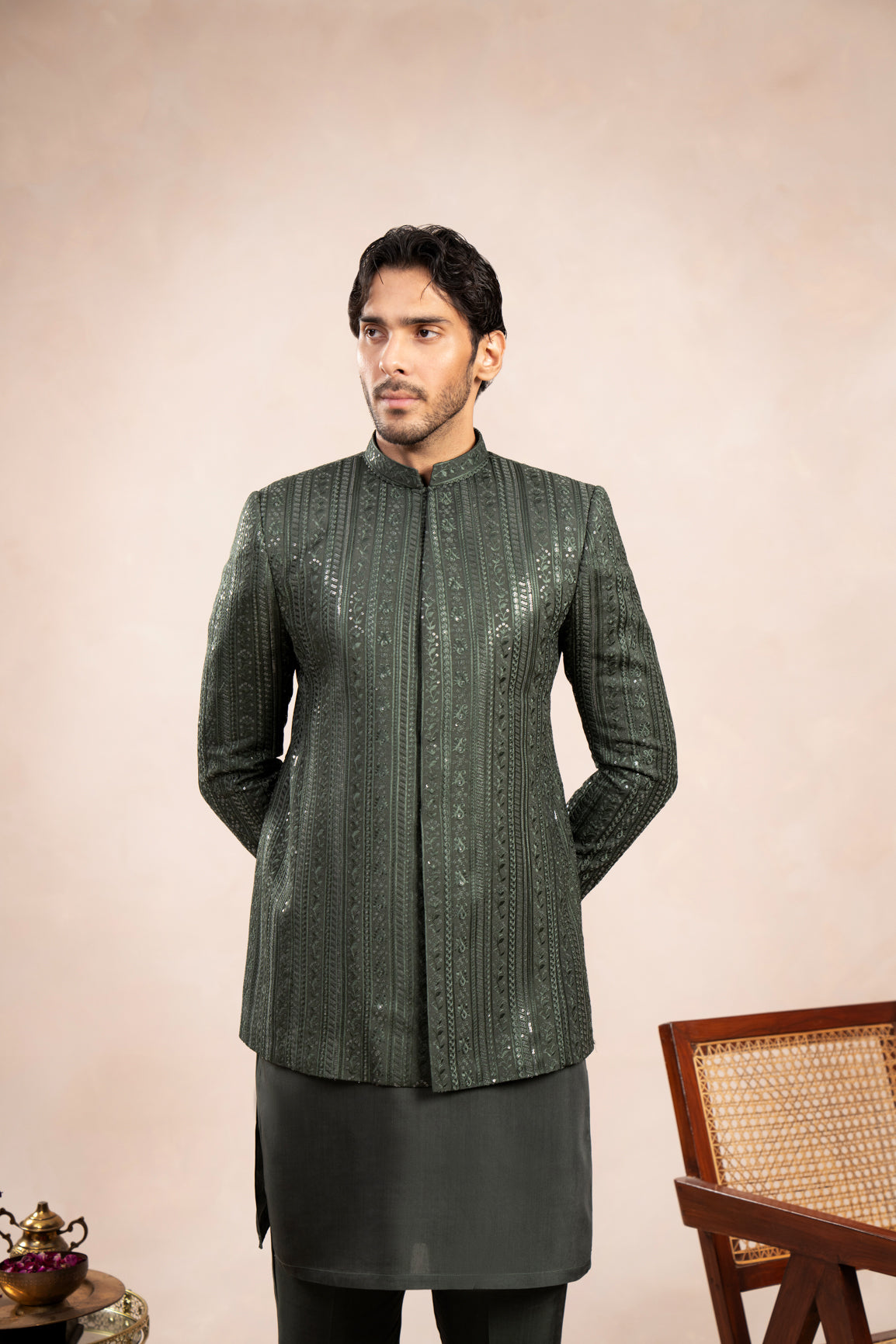 Olive Green Embroidered Raw Silk Prince Coat (1-Pc) - Image 7
