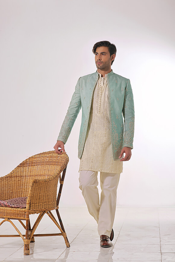 Mint Green Embroidered Raw Silk Prince Coat (3-Piece) - Image 1