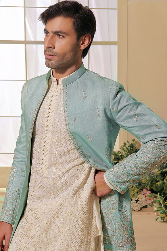 Mint Green Embroidered Raw Silk Prince Coat (3-Piece) - Image 4