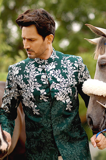 Green Zari Embroidered Raw Silk Prince Coat (1-Pc) - Image 1