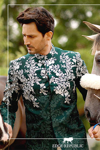 Green Zari Embroidered Raw Silk Prince Coat (1-Pc) - Image 2