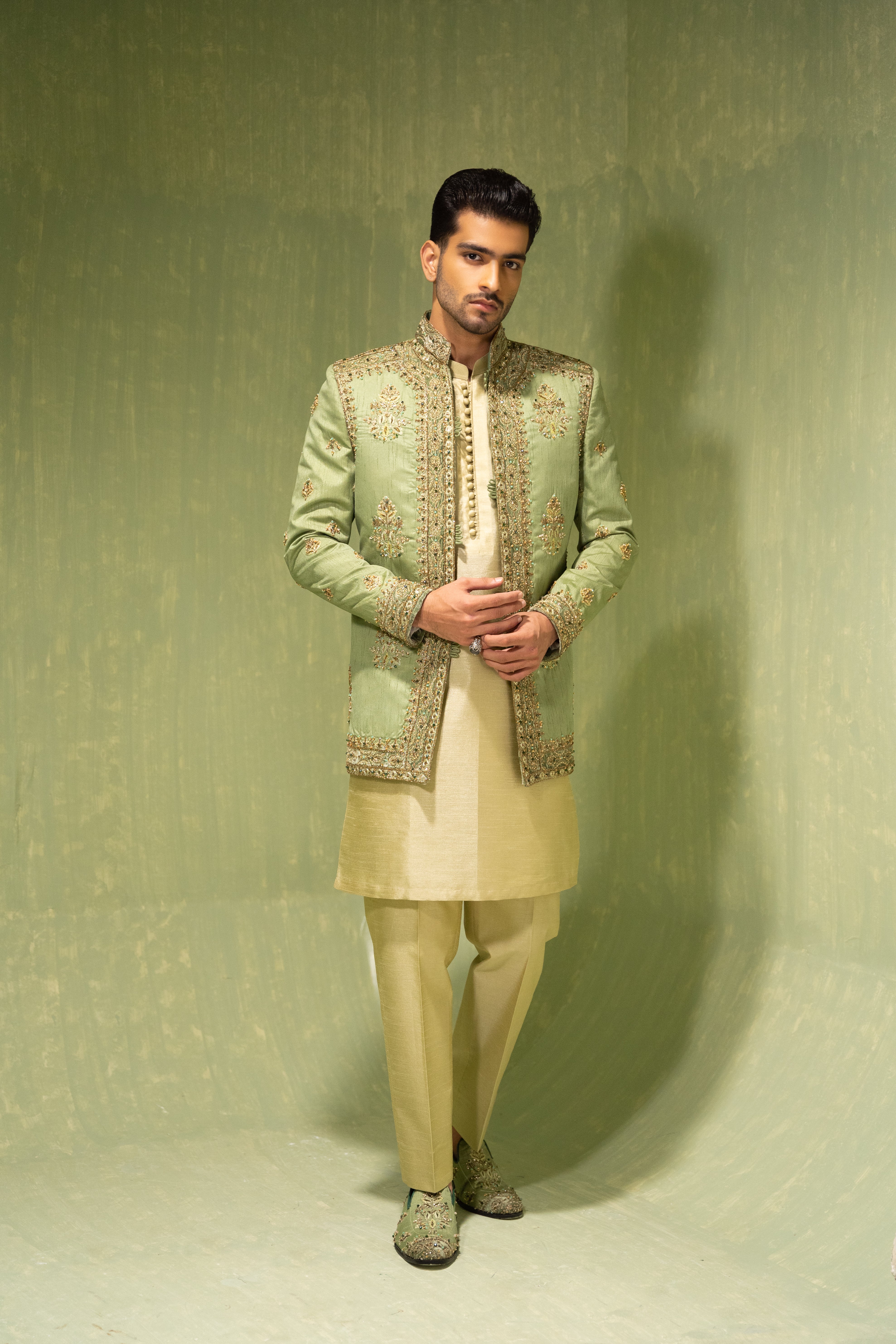 Mint Green Hand-Embellished Serona Prince Coat (3-Piece) - Image 2