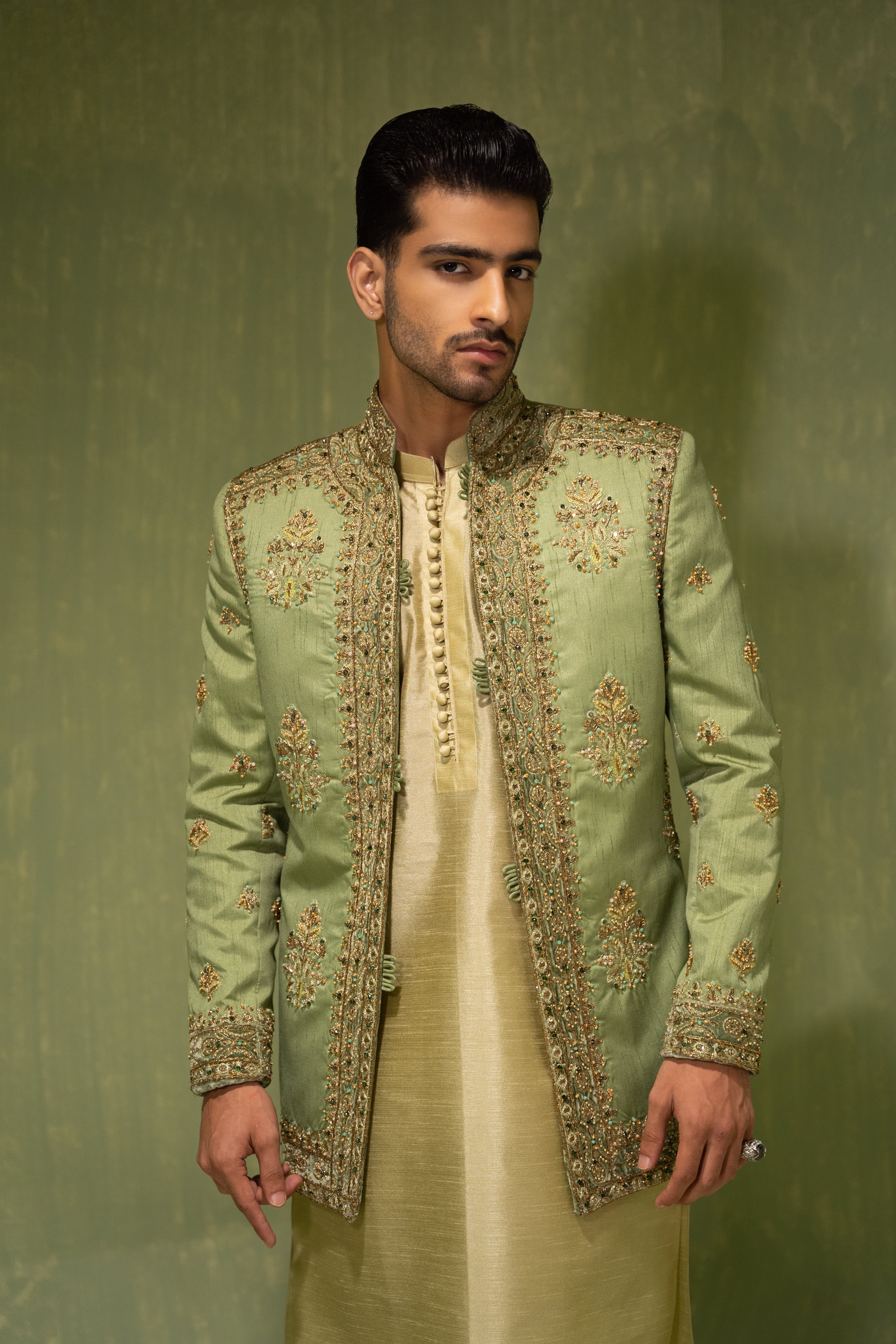 Mint Green Hand-Embellished Serona Prince Coat (3-Piece) - Image 3