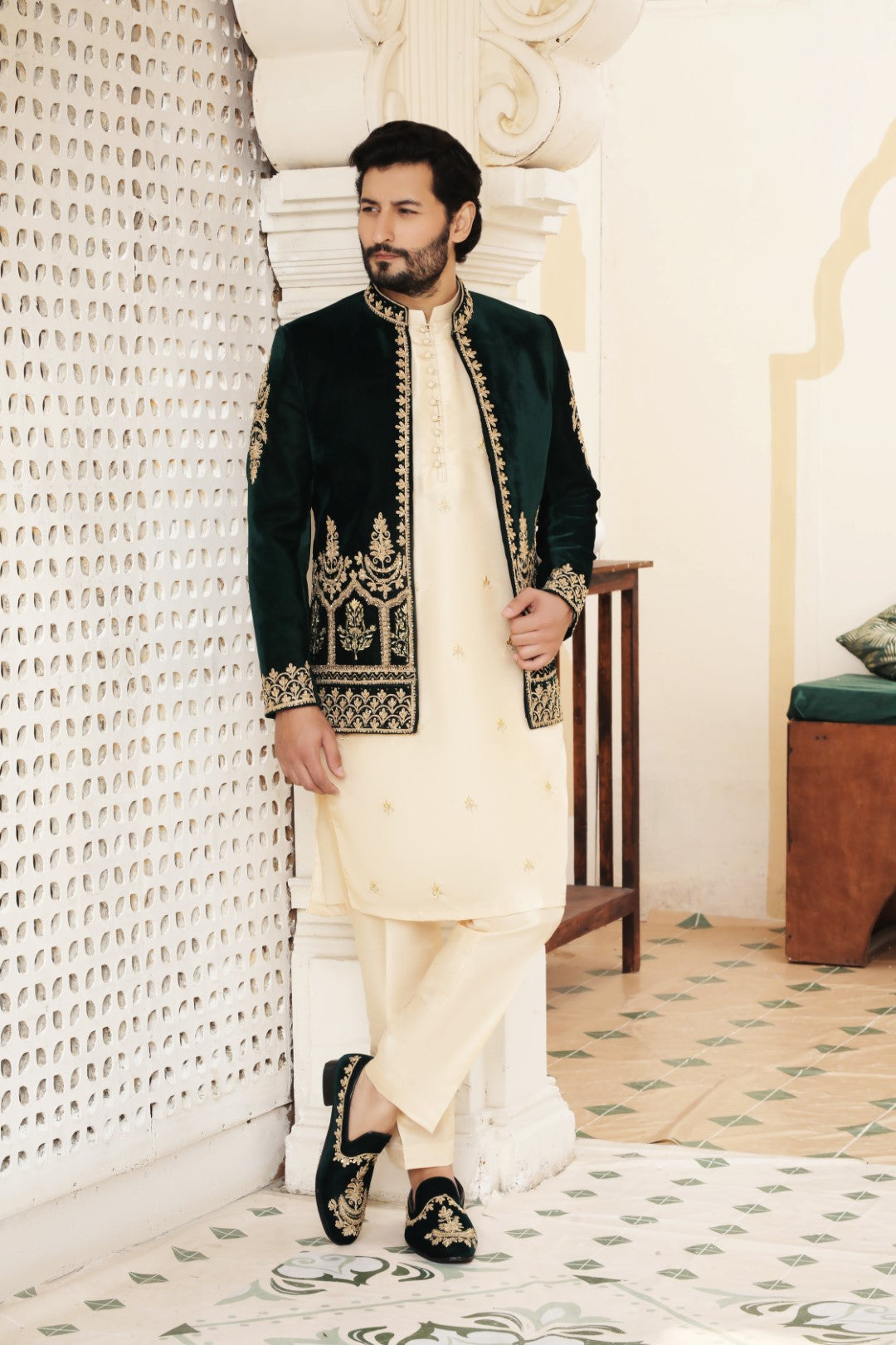 Bottle Green Ada Work Silk Prince Coat (3-Piece) - Image 4