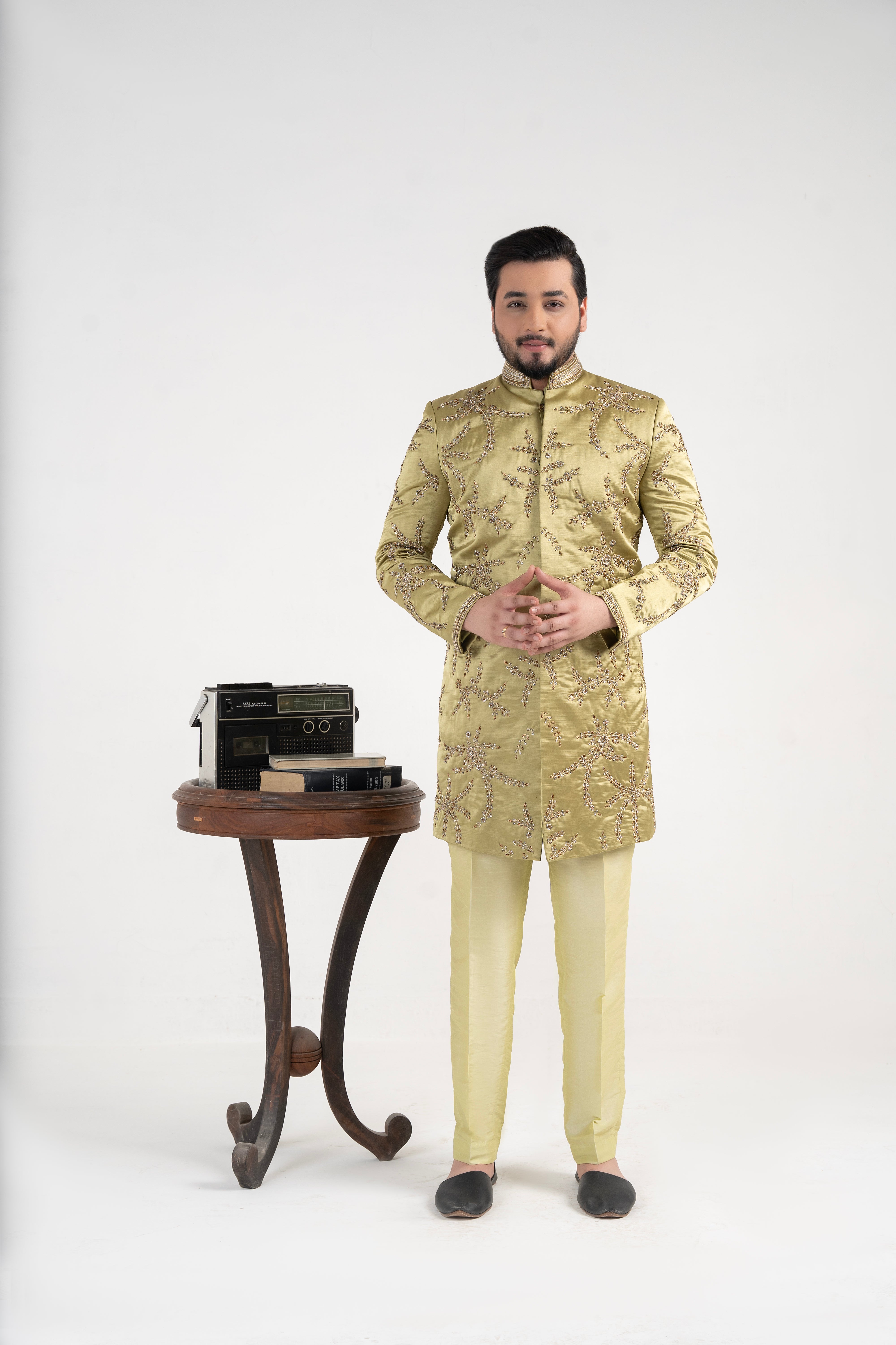 Pistachio Green Adda Work Silk Prince Coat (2-Piece) - Image 2