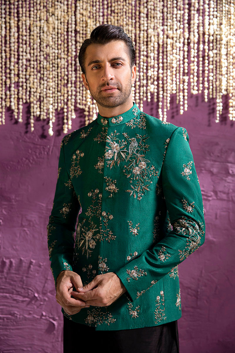 Forest Green Embroidered Silk-Blend Prince Coat (3-Piece) - Image 2