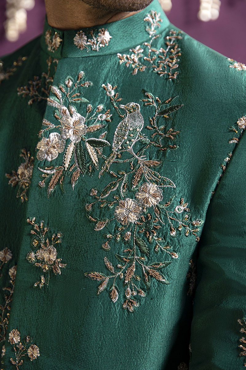 Forest Green Embroidered Silk-Blend Prince Coat (3-Piece) - Image 3