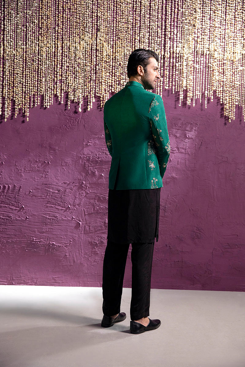 Forest Green Embroidered Silk-Blend Prince Coat (3-Piece) - Image 4