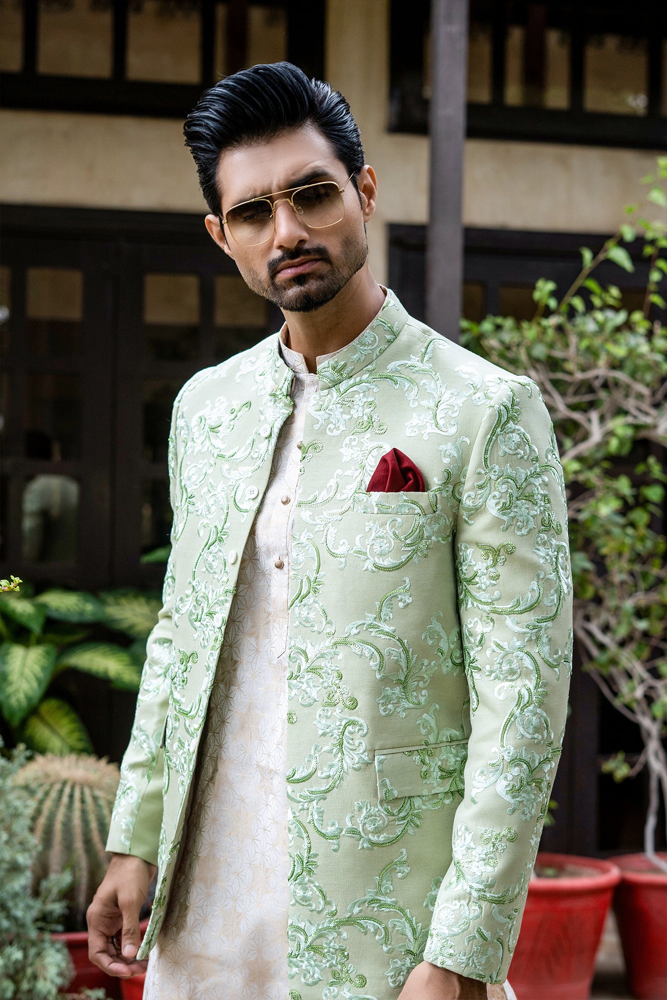 Pastel Lime Green Embroidered Silk Blend Prince Coat (1-Pc) - Image 1