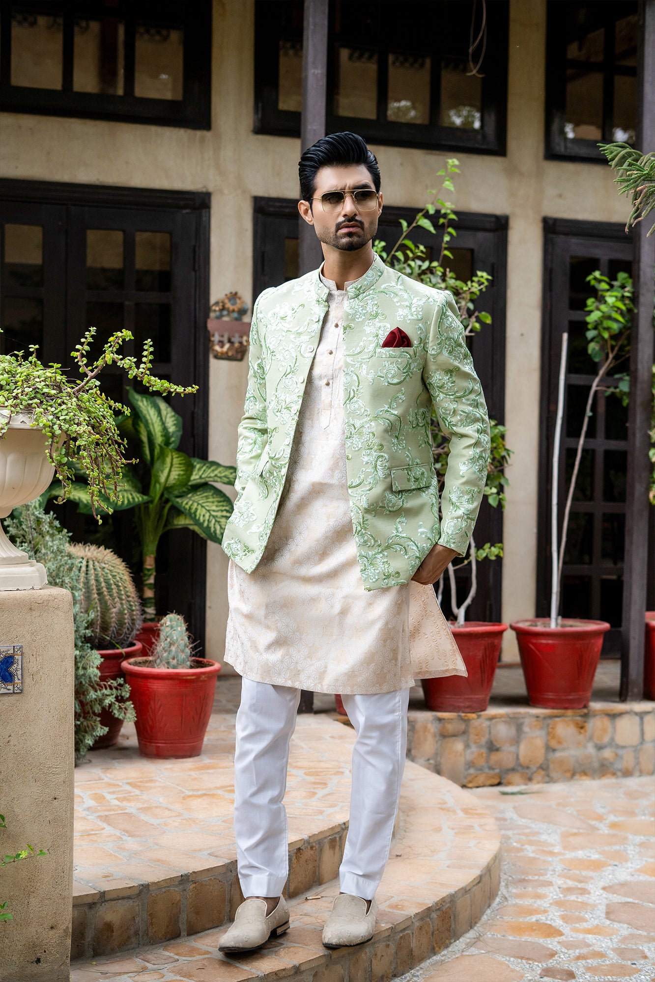 Pastel Lime Green Embroidered Silk Blend Prince Coat (1-Pc) - Image 2