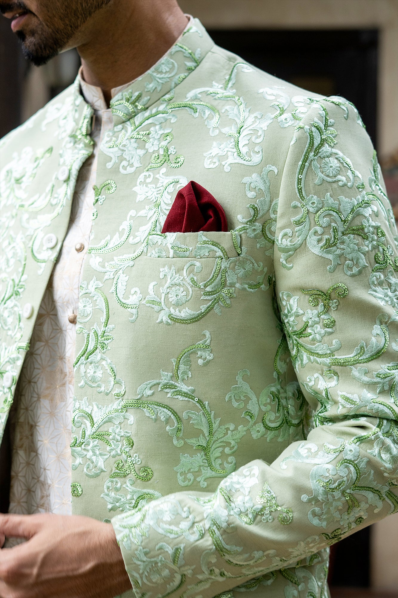 Pastel Lime Green Embroidered Silk Blend Prince Coat (1-Pc) - Image 3