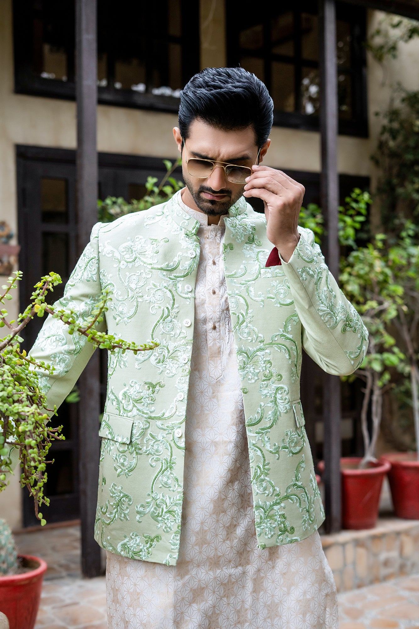 Pastel Lime Green Embroidered Silk Blend Prince Coat (1-Pc) - Image 4