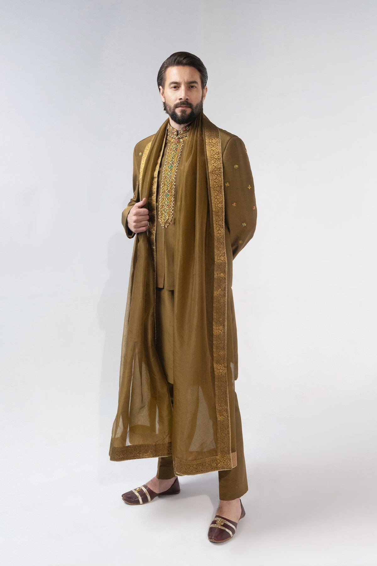 Olive Embroidered Silk-Blend Prince Coat (4-Piece) - Image 1