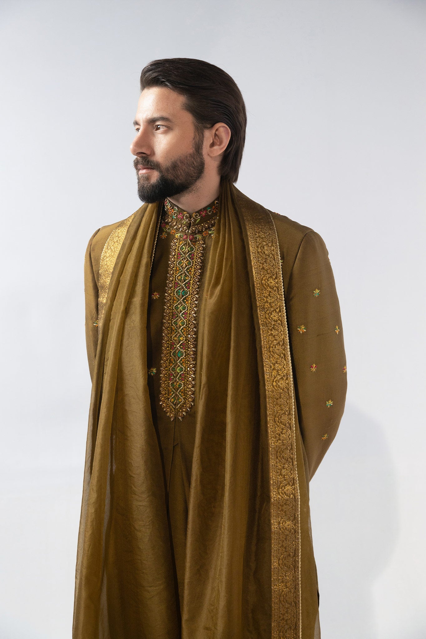 Olive Embroidered Silk-Blend Prince Coat (4-Piece) - Image 3