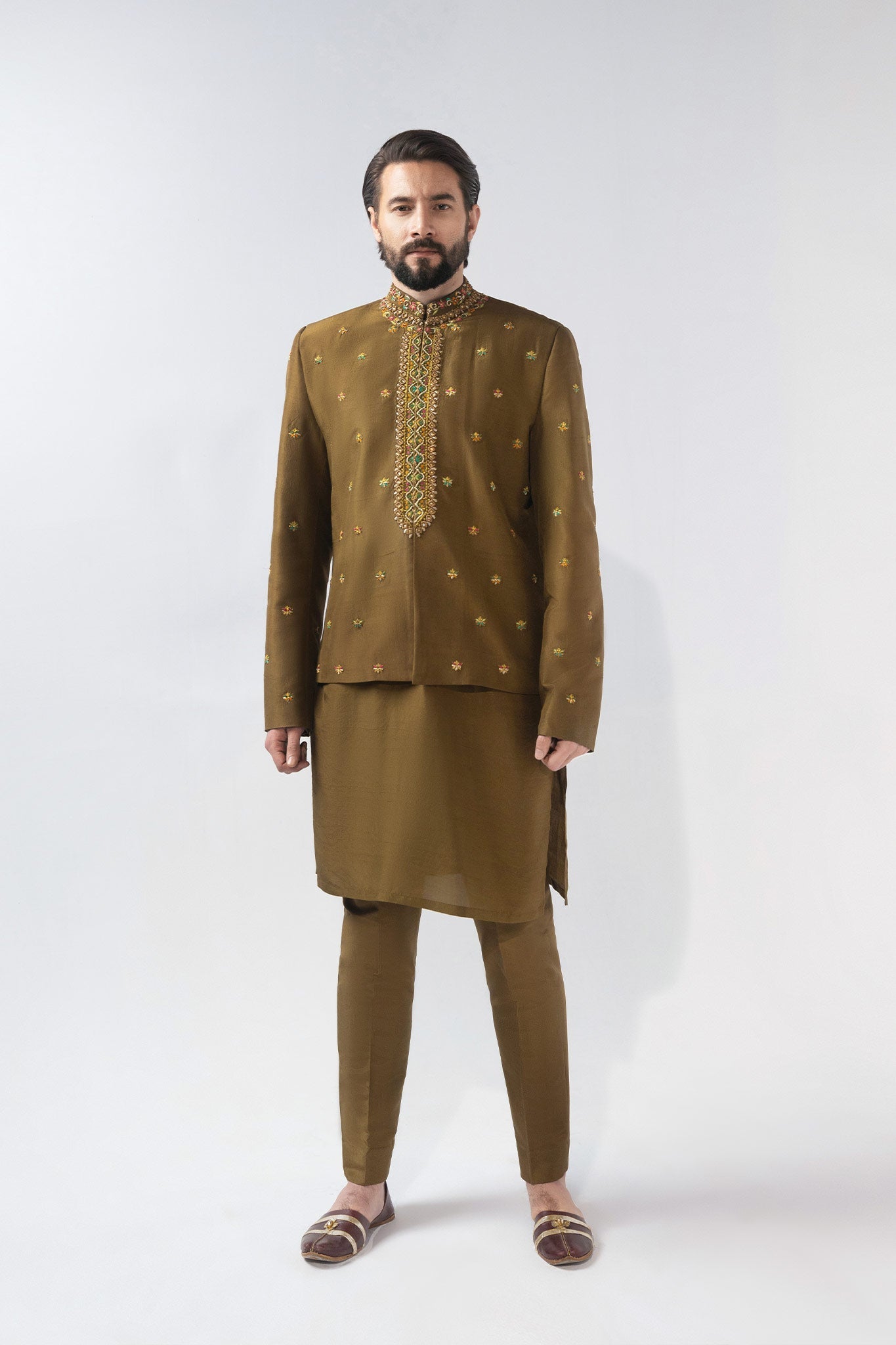 Olive Embroidered Silk-Blend Prince Coat (4-Piece) - Image 4