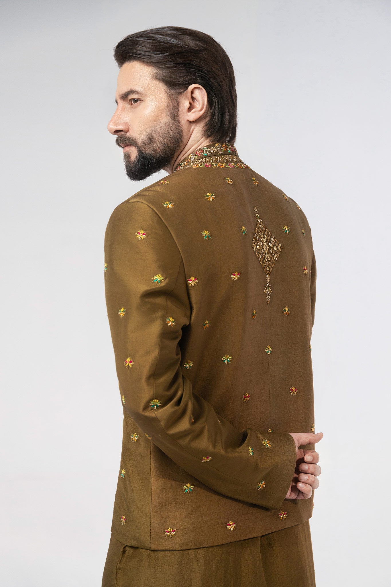 Olive Embroidered Silk-Blend Prince Coat (4-Piece) - Image 5