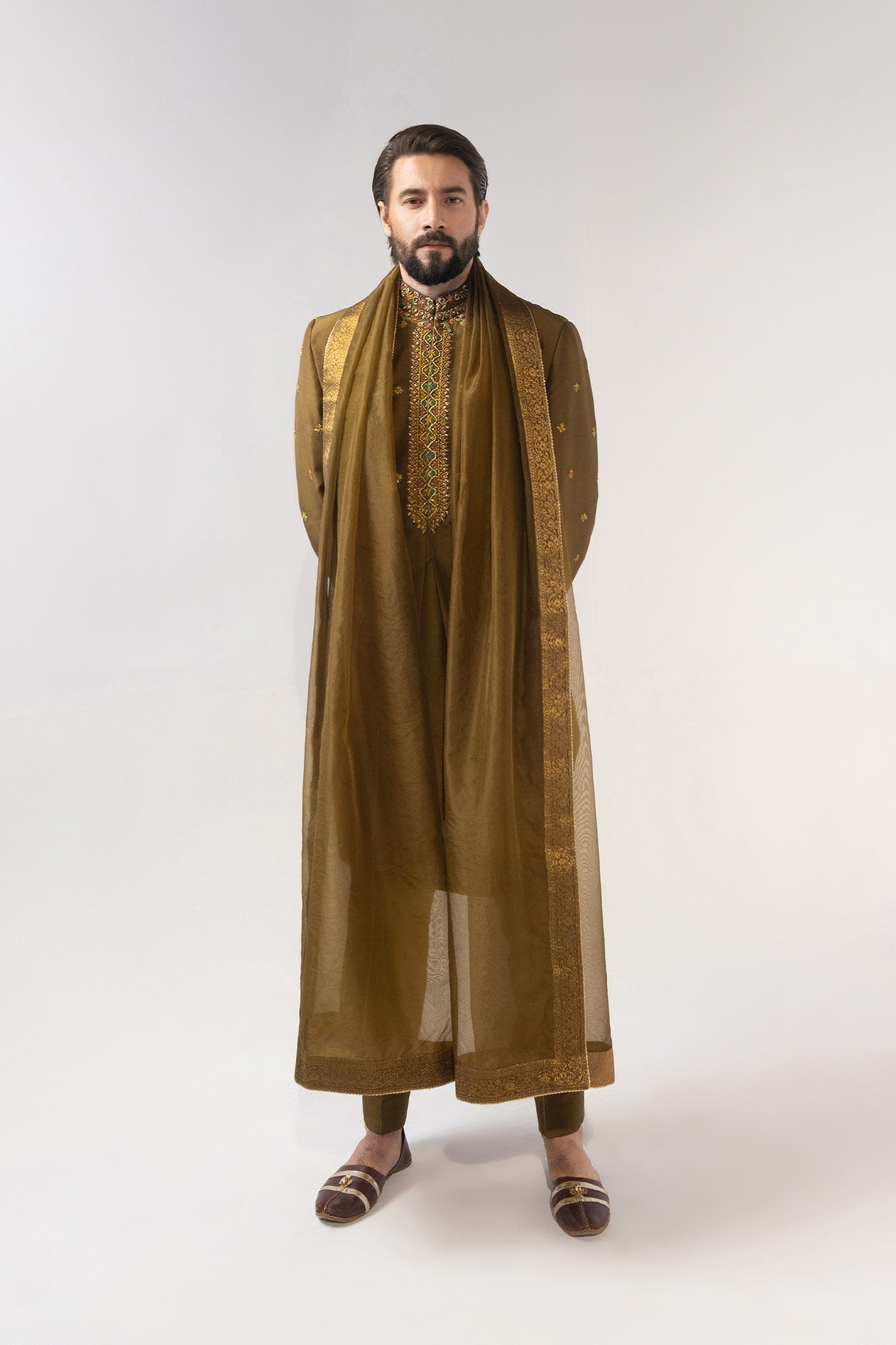 Olive Embroidered Silk-Blend Prince Coat (4-Piece) - Image 6