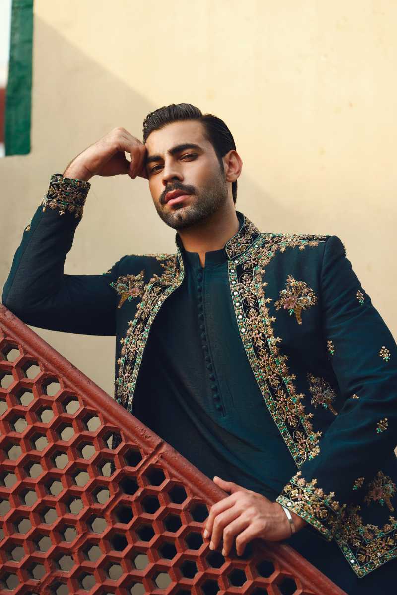 Teal Embroidered Silk-Blend Prince Coat (3-Piece) - Image 1