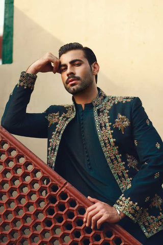 Teal Embroidered Silk-Blend Prince Coat (3-Piece) - Image 2