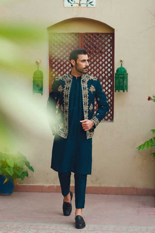 Teal Embroidered Silk-Blend Prince Coat (3-Piece) - Image 3