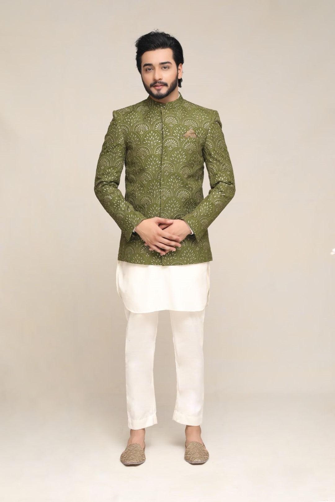 Dark Parrot Green Embroidered Silk-Blend Prince Coat (1-Pc) - Image 1