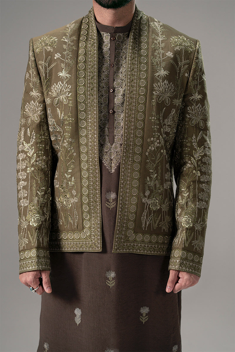 Olive Green Embroidered Silk-Blend Prince Coat (2-Piece) - Image 11