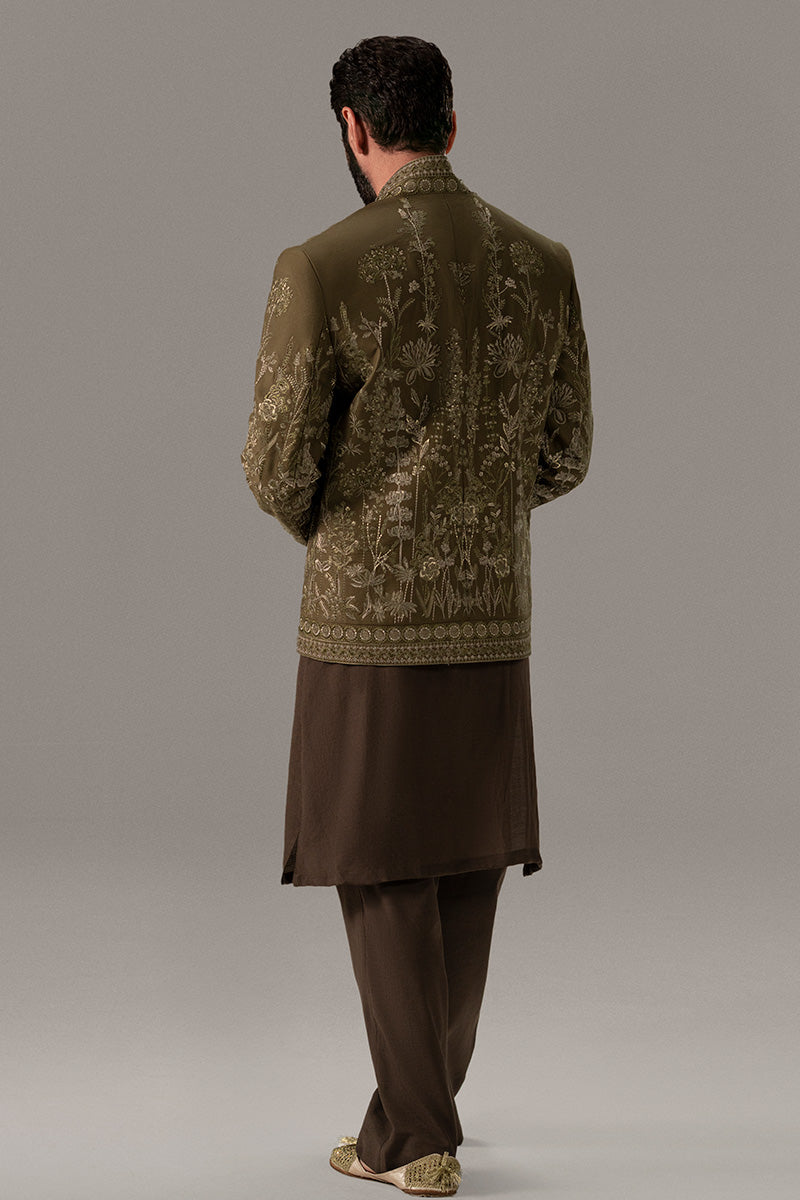 Olive Green Embroidered Silk-Blend Prince Coat (2-Piece) - Image 15