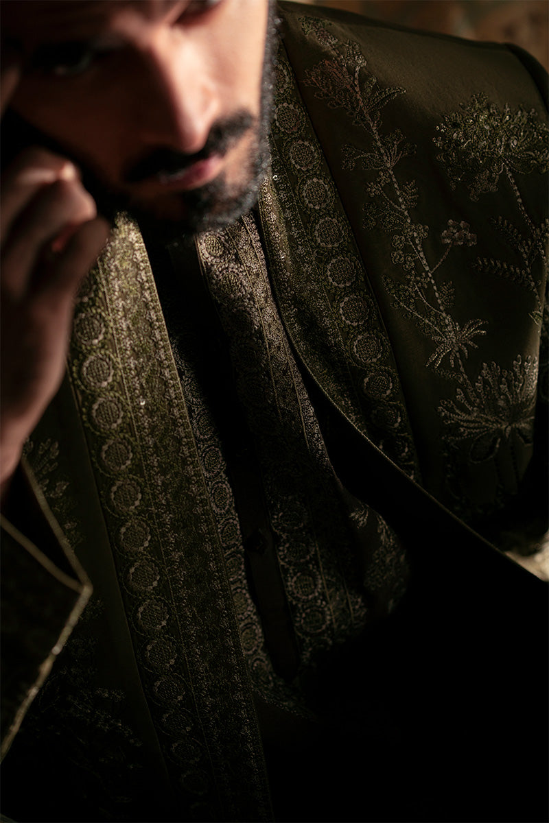 Olive Green Embroidered Silk-Blend Prince Coat (2-Piece) - Image 16