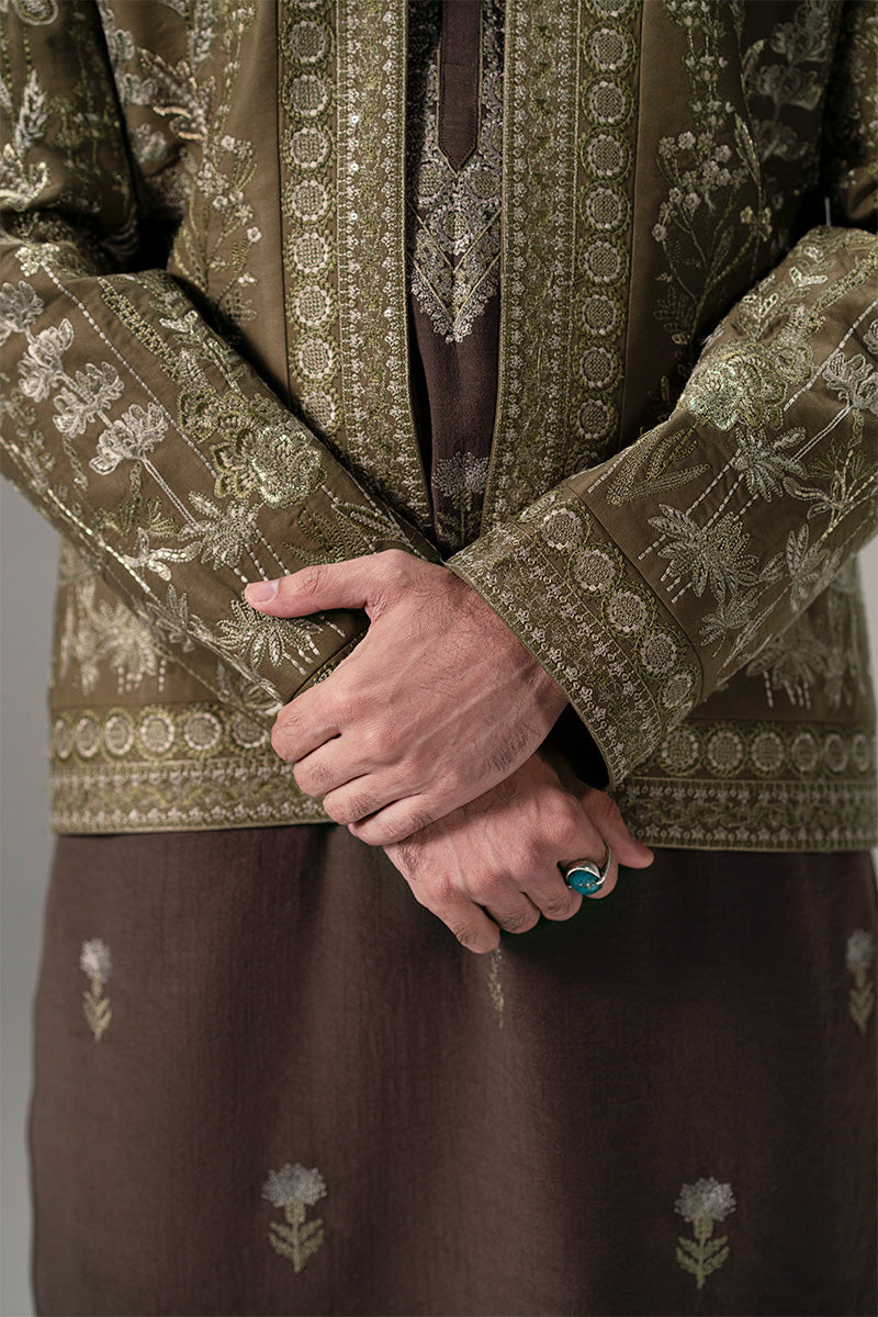 Olive Green Embroidered Silk-Blend Prince Coat (2-Piece) - Image 4