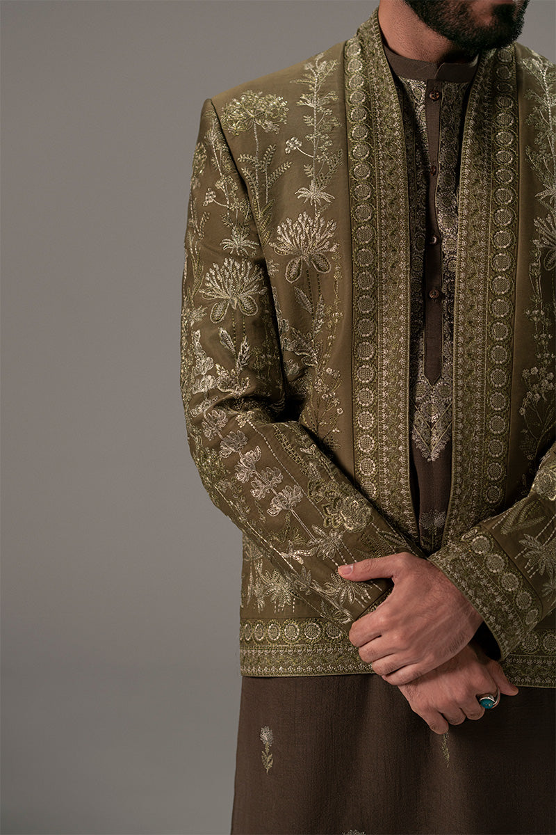 Olive Green Embroidered Silk-Blend Prince Coat (2-Piece) - Image 7
