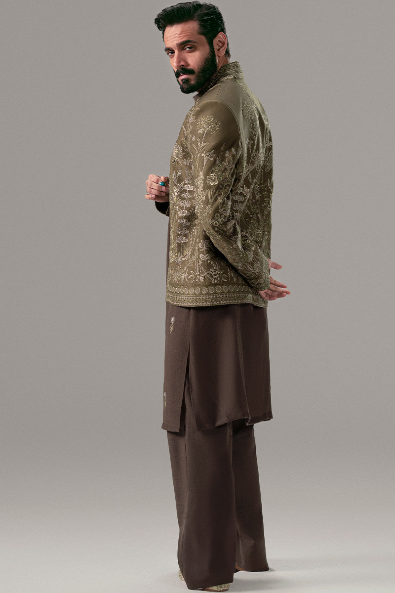 Olive Green Embroidered Silk-Blend Prince Coat (3-Piece) - Image 13