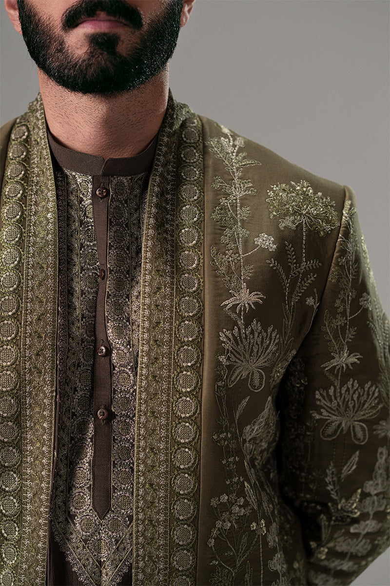 Olive Green Embroidered Silk-Blend Prince Coat (3-Piece) - Image 5