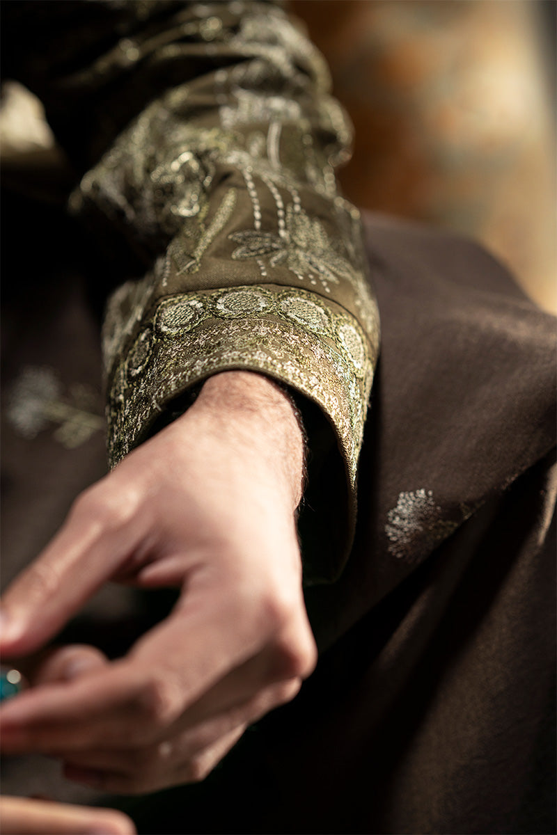 Olive Green Embroidered Silk-Blend Prince Coat (3-Piece) - Image 6