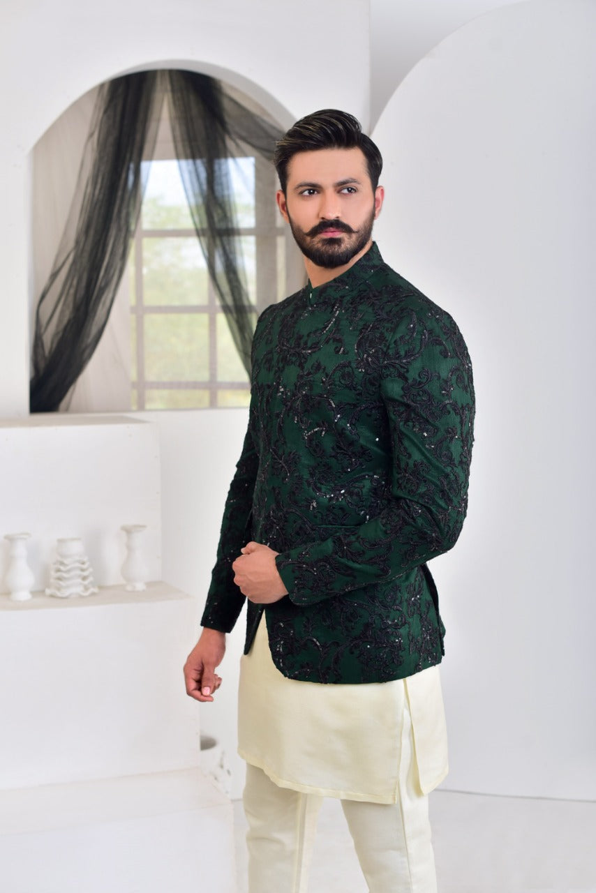 Deep Green Embroidered Silk-Blend Prince Coat (3-Piece) - Image 1