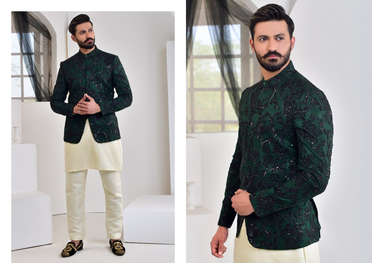 Deep Green Embroidered Silk-Blend Prince Coat (3-Piece) - Image 3