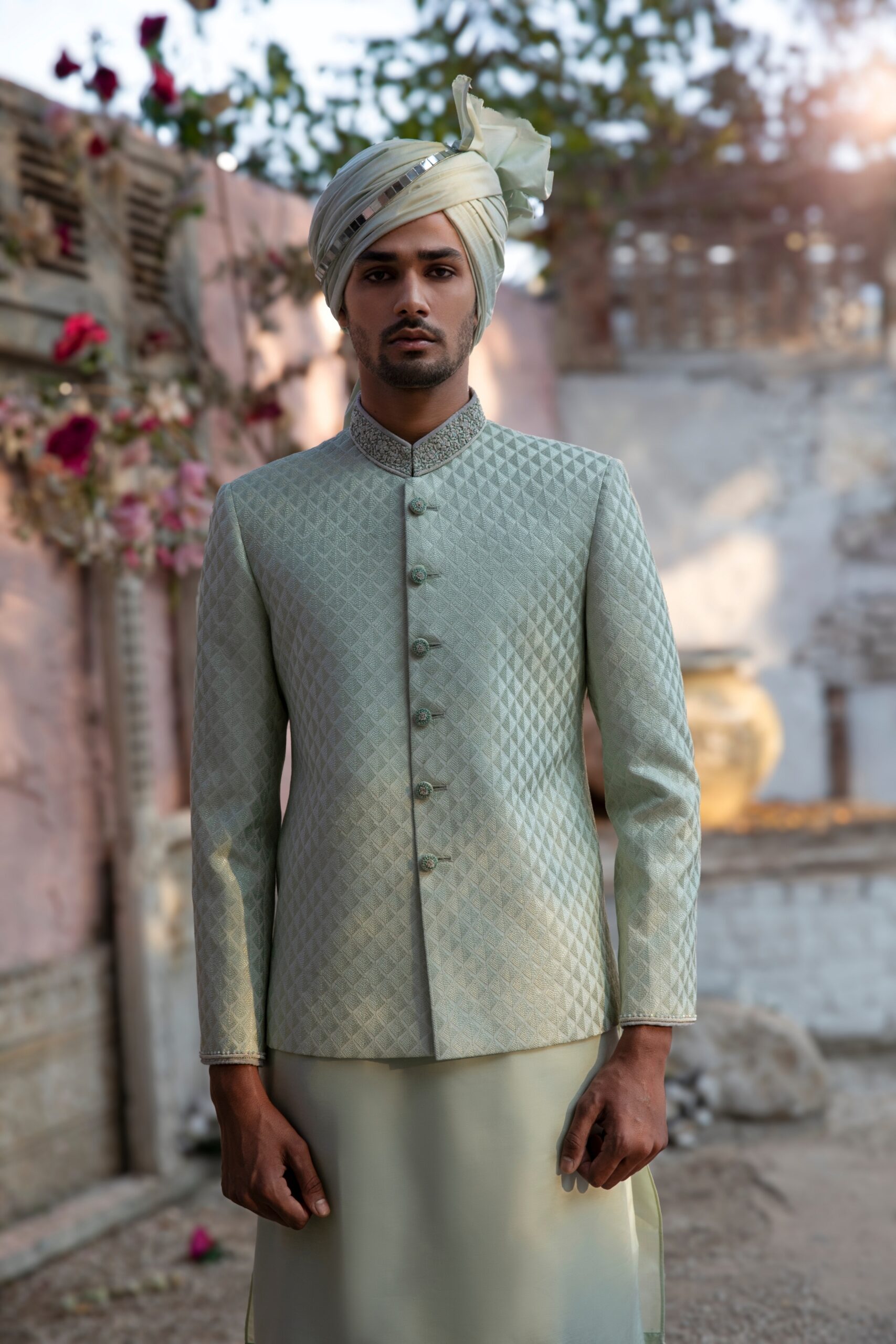 Pastel Green Embroidered Silk-Blend Prince Coat (1-Pc) - Image 1