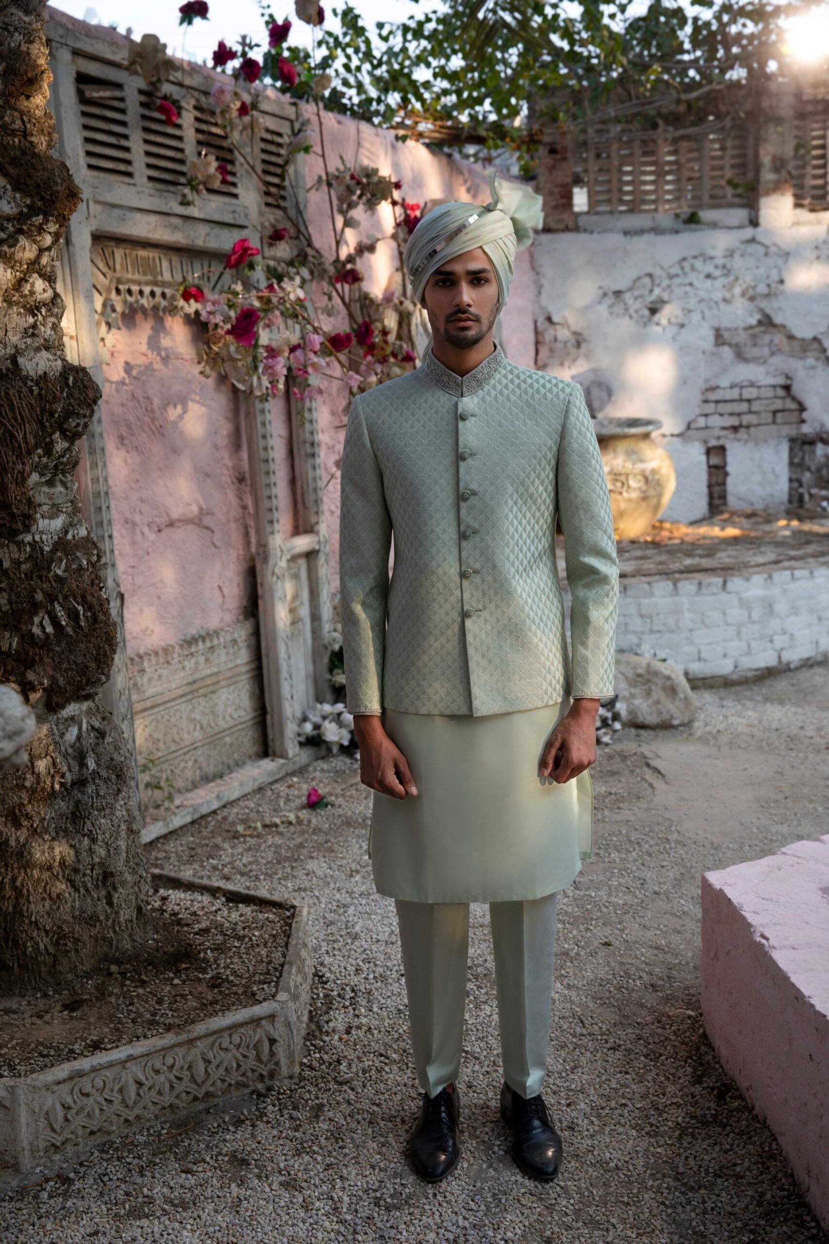 Pastel Green Embroidered Silk-Blend Prince Coat (1-Pc) - Image 2