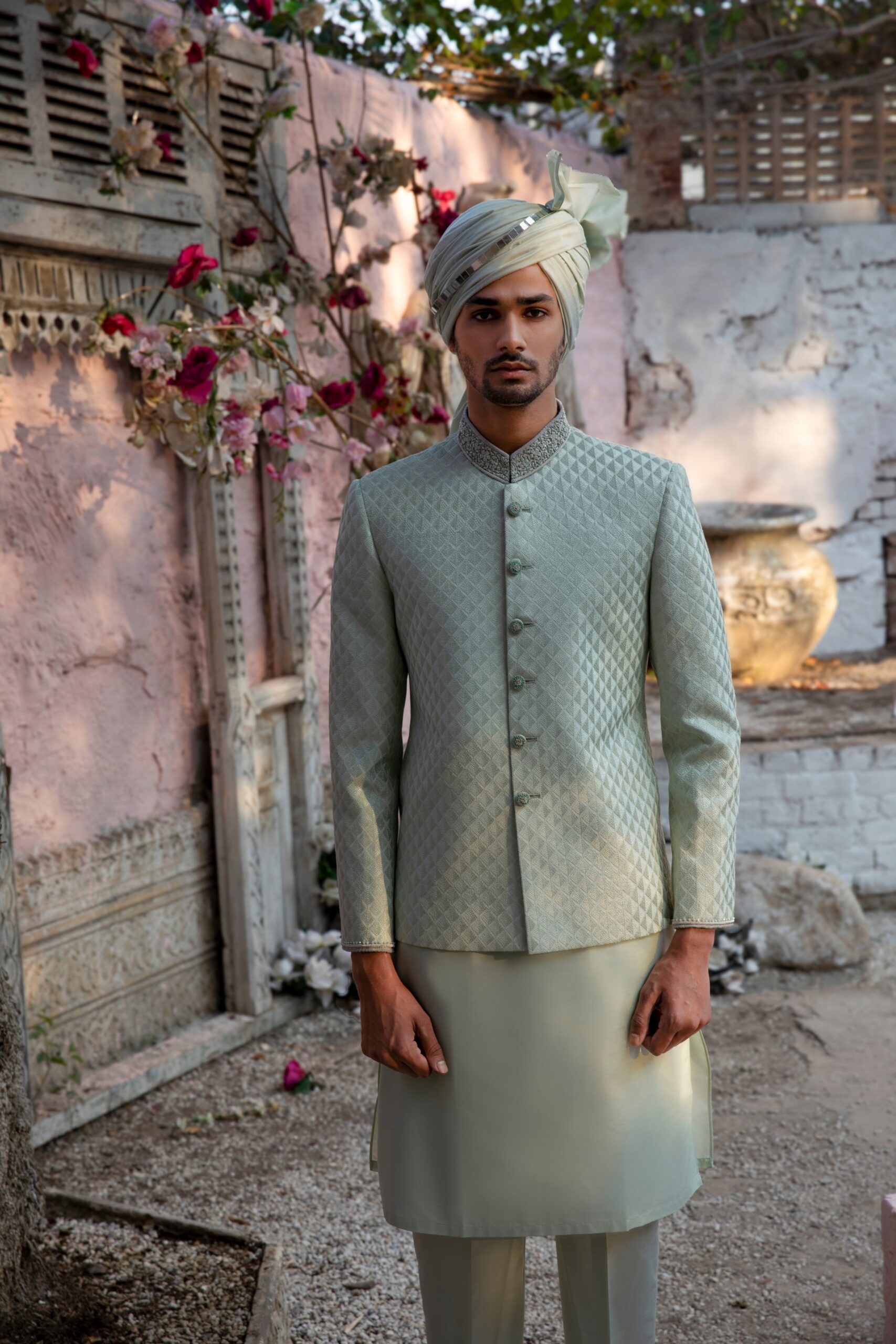 Pastel Green Embroidered Silk-Blend Prince Coat (1-Pc) - Image 3