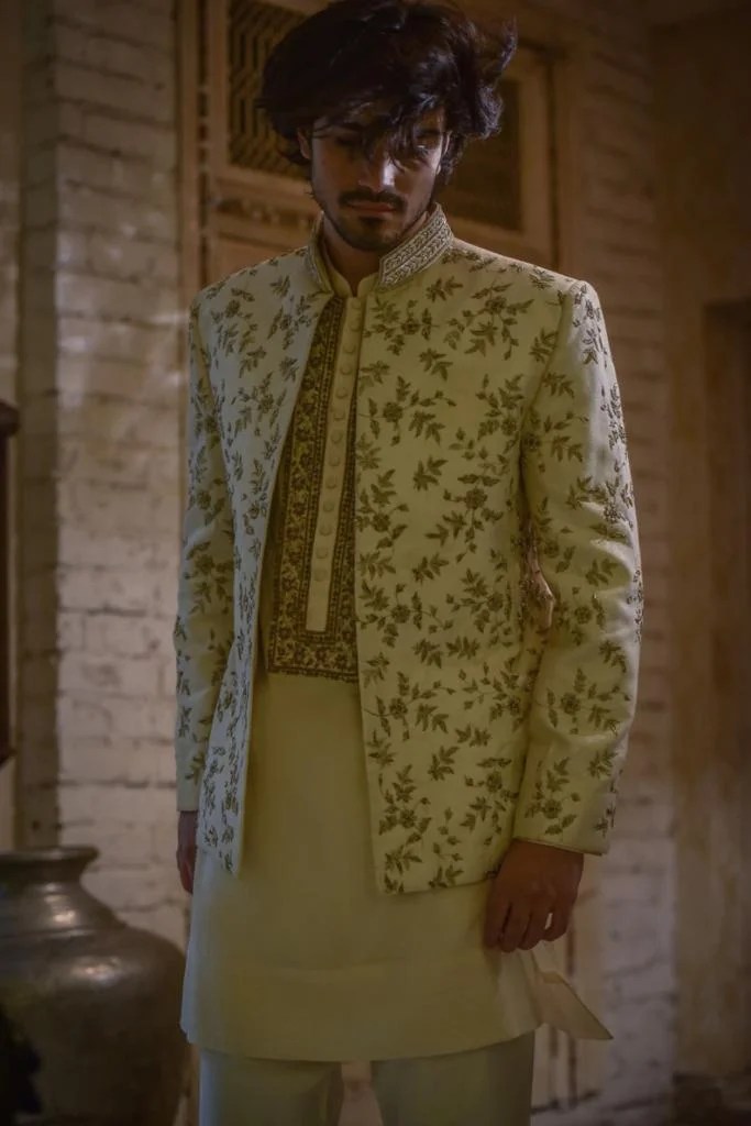 Apple Green Embroidered Silk-Blend Prince Coat (3-Piece) - Image 1