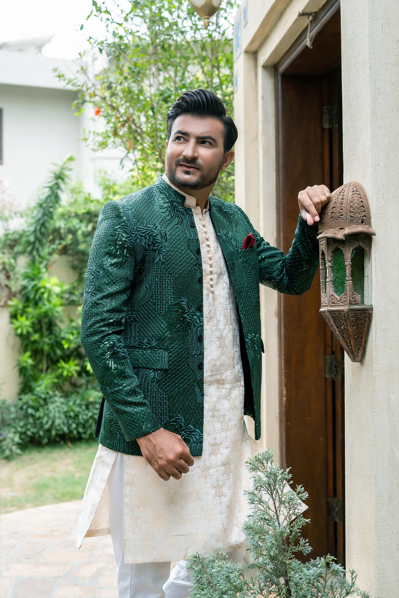 Emerald Green Embroidered Silk-Blend Prince Coat (3-Piece) - Image 3