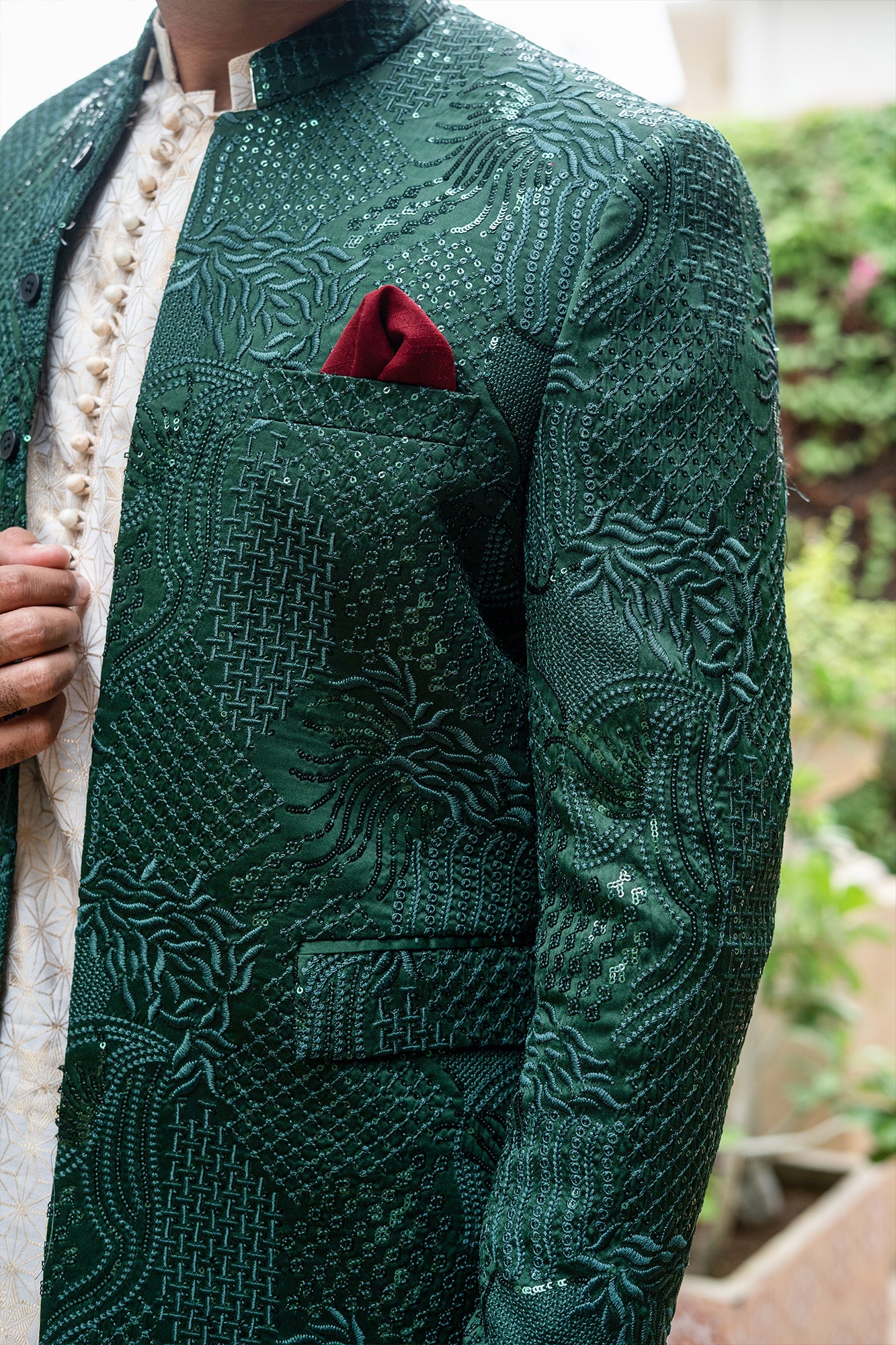 Emerald Green Embroidered Silk-Blend Prince Coat (3-Piece) - Image 4