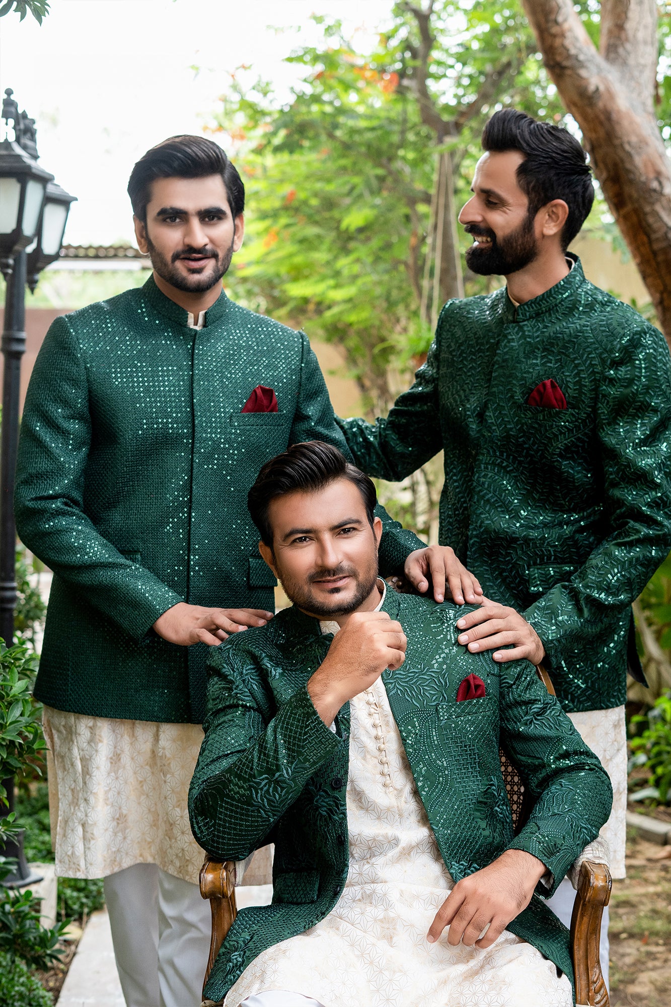Emerald Green Embroidered Silk-Blend Prince Coat (3-Piece) - Image 5