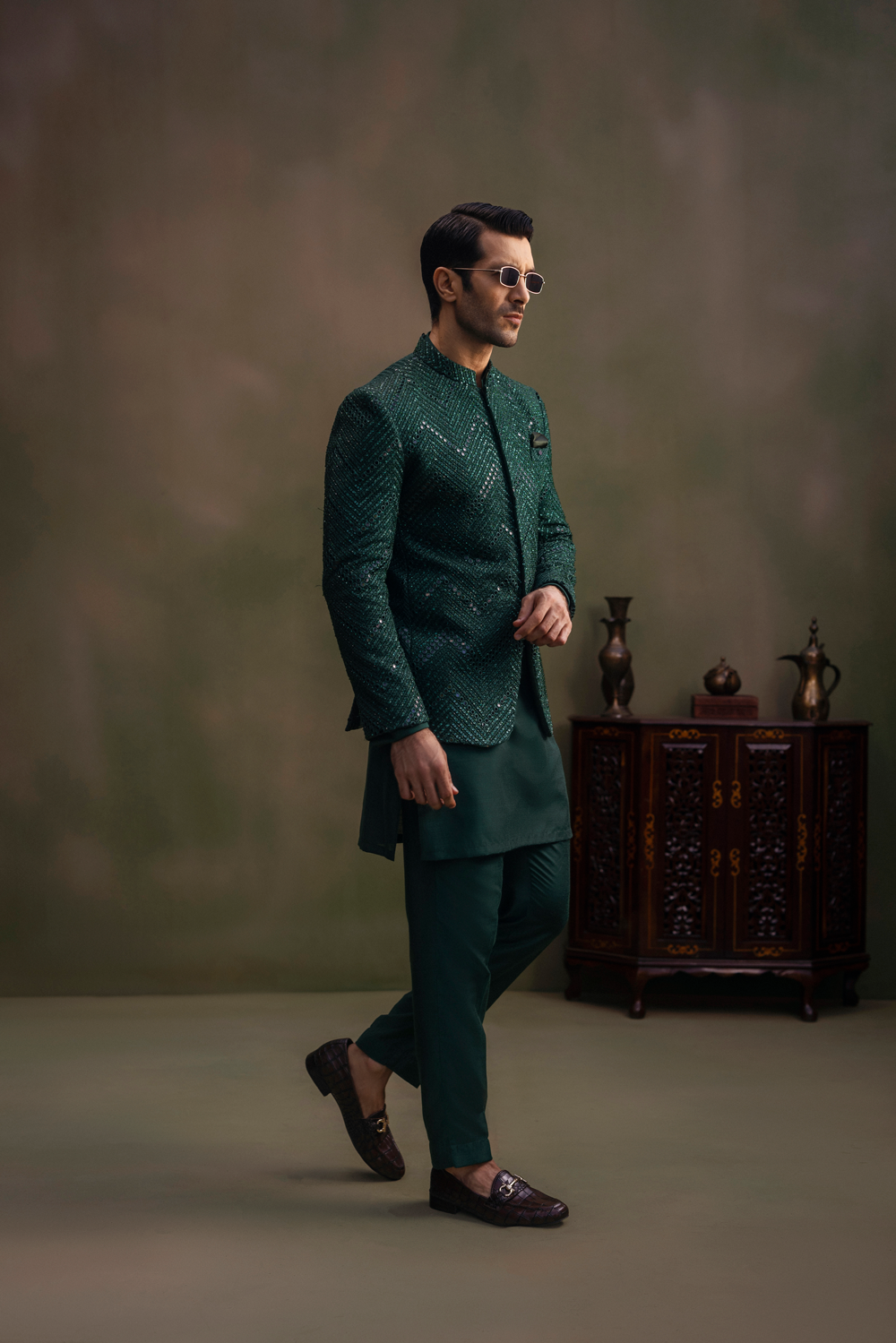 Dark Green Sequin Cutdana Silk-Blend Prince Coat (3-Piece) - Image 3